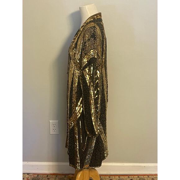 Vintage Tan Chho Gold Beaded Sequin‎ Jacket Dress Gown 1980s Glam - Picture 13 of 13